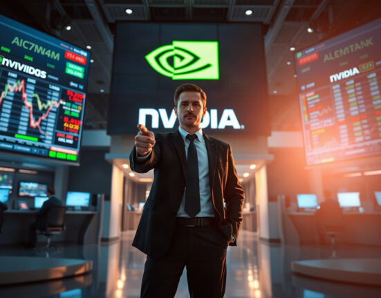 Market analyst pointing at screens displaying Nvidia stock charts on a trading floor