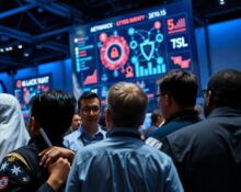 Cybersecurity professionals discuss AI security proposals at a conference, representing the Open Secure AI Alliance's SAFE working group.