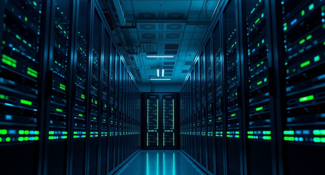Interior of a modern data center with Nvidia GPU server racks illuminated by green LED lights