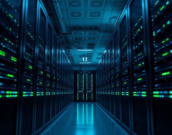 Interior of a modern data center with Nvidia GPU server racks illuminated by green LED lights