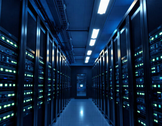 Nvidia data center servers with AI accelerators in a modern facility