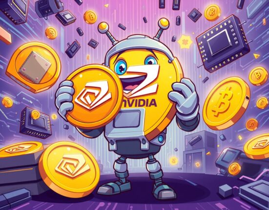 Nvidia Q3 revenue achievement shown through robot celebrating with gold coins and tech symbols