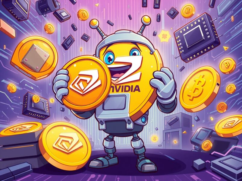 Nvidia Q3 revenue achievement shown through robot celebrating with gold coins and tech symbols