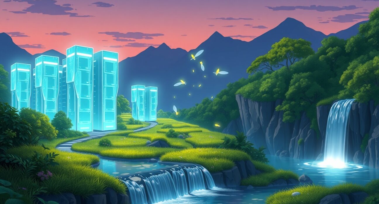 Nvidia Q4 revenue growth visualized through futuristic data center architecture in natural setting