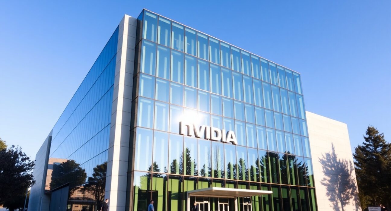 Exterior of Nvidia headquarters in Santa Clara, California, on a sunny day.