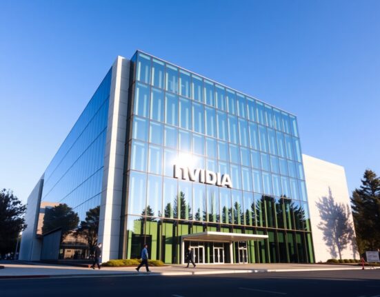 Exterior of Nvidia headquarters in Santa Clara, California, on a sunny day.