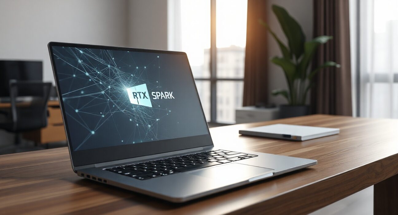 A modern laptop with an RTX Spark emblem on a desk, representing Nvidia's new AI agent PCs.