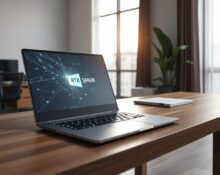 A modern laptop with an RTX Spark emblem on a desk, representing Nvidia's new AI agent PCs.
