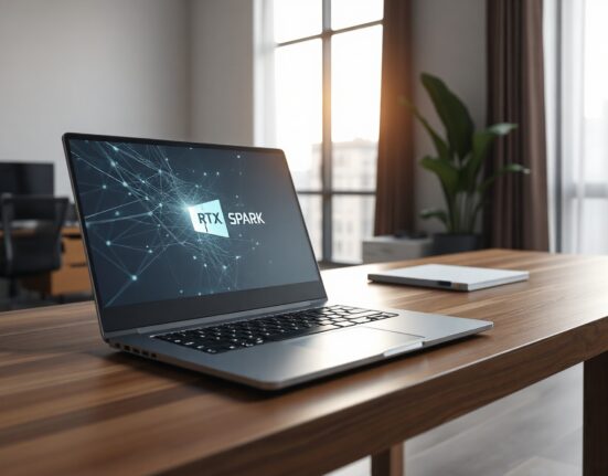 A modern laptop with an RTX Spark emblem on a desk, representing Nvidia's new AI agent PCs.