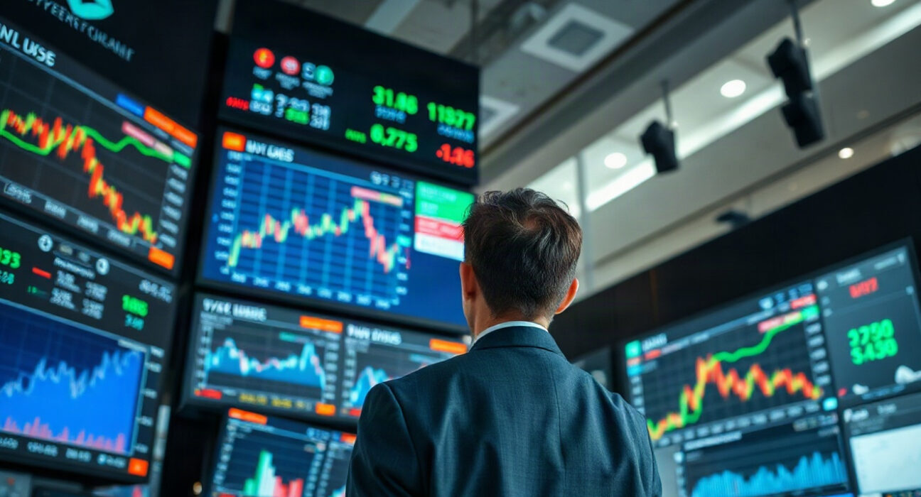 Trading floor with screens showing stock charts and cybersecurity graphics