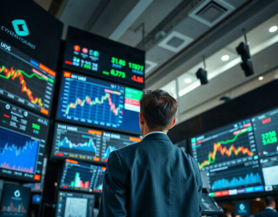 Trading floor with screens showing stock charts and cybersecurity graphics