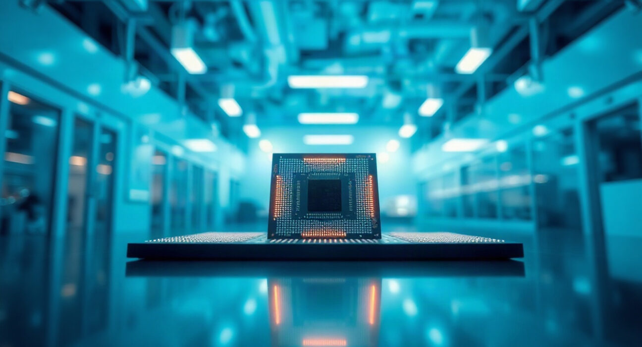 Close-up of an advanced semiconductor chip on a reflective surface in a clean, high-tech facility.