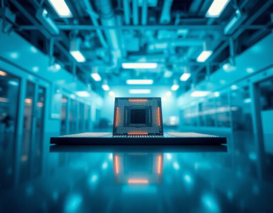 Close-up of an advanced semiconductor chip on a reflective surface in a clean, high-tech facility.