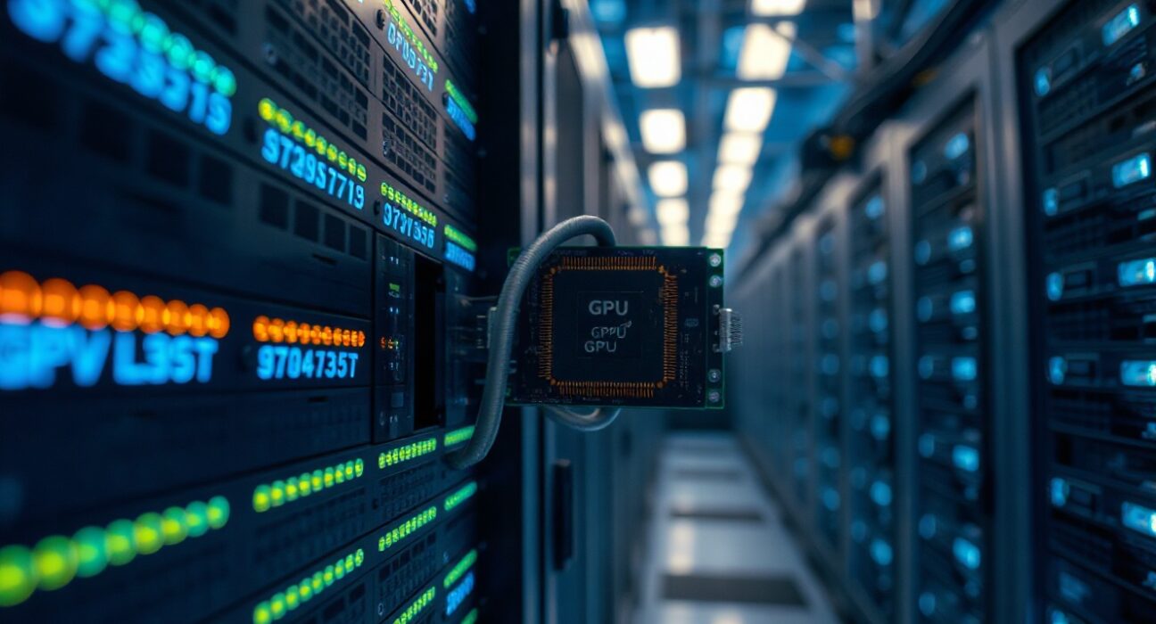 Close-up of an Nvidia GPU chip in a data center server, representing AI chip demand.
