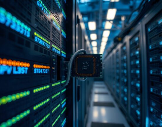 Close-up of an Nvidia GPU chip in a data center server, representing AI chip demand.