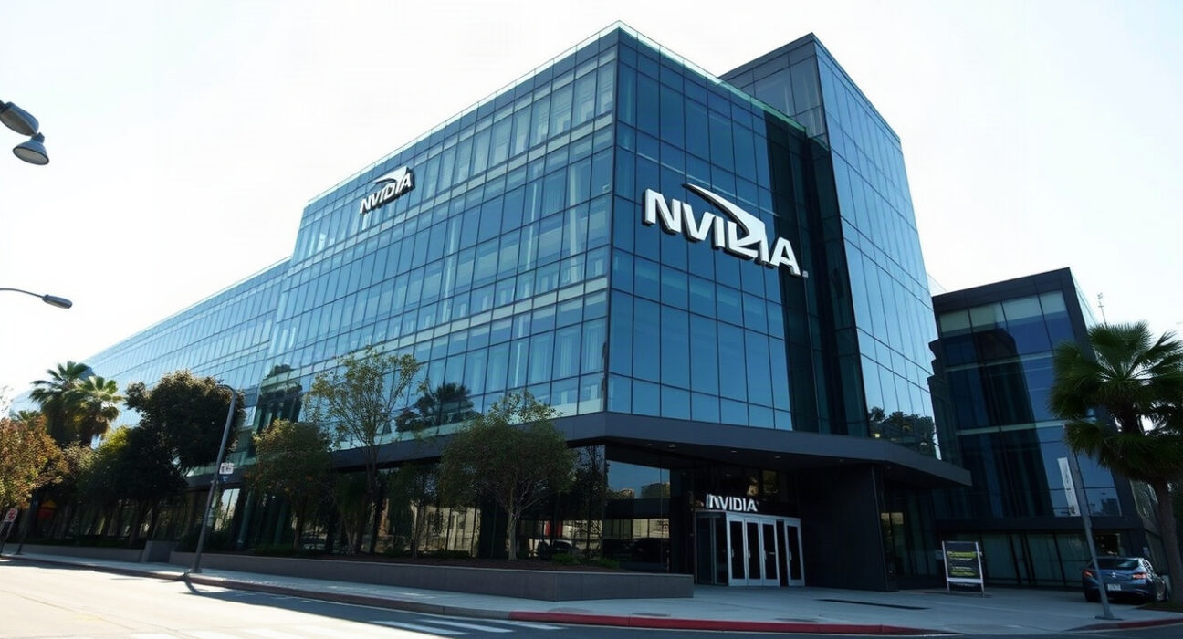 Nvidia headquarters building in Santa Clara, California, under clear daylight.
