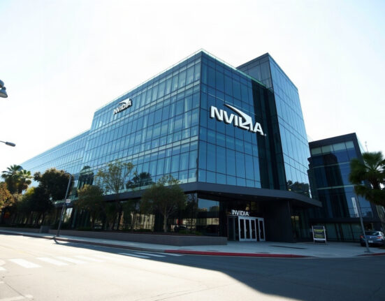 Nvidia headquarters building in Santa Clara, California, under clear daylight.