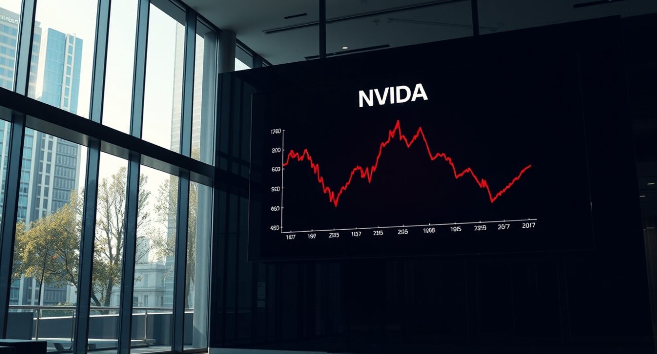 Stock market display showing Nvidia stock price and a downward-trending chart in a modern financial district lobby.