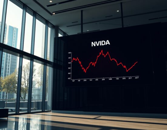 Stock market display showing Nvidia stock price and a downward-trending chart in a modern financial district lobby.