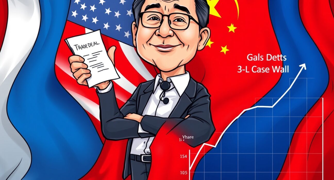 Cartoon illustration of Nvidia CEO Jensen Huang confident about a US-China trade deal but acknowledging zero Nvidia US-China trade sales.