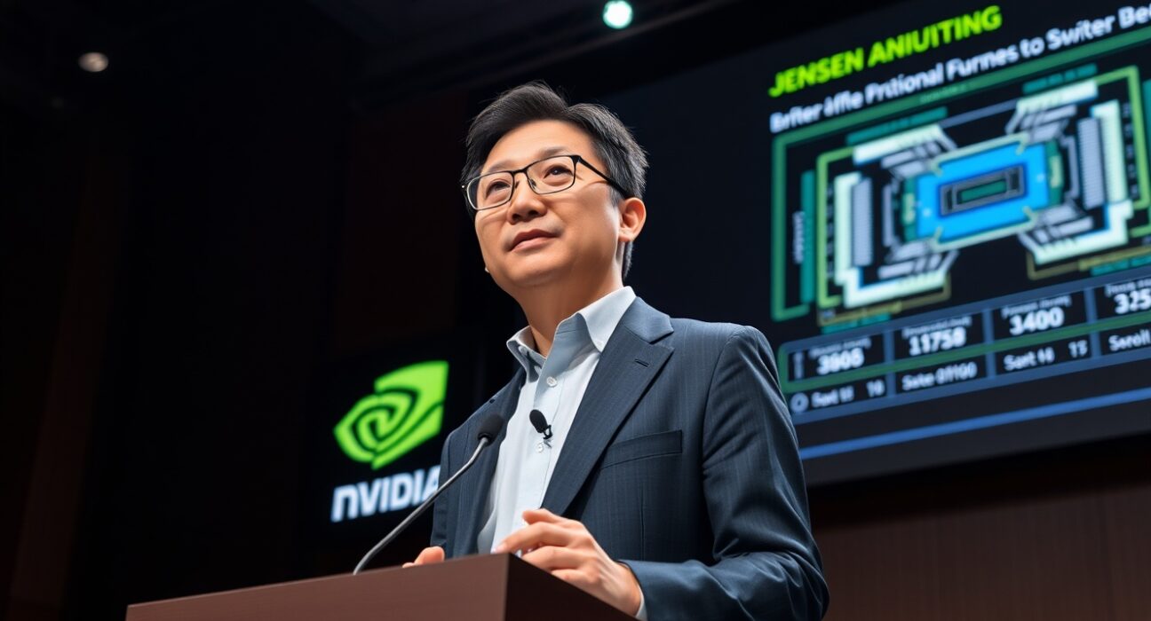 Nvidia CEO Jensen Huang presenting at a launch event with chip architecture on screen
