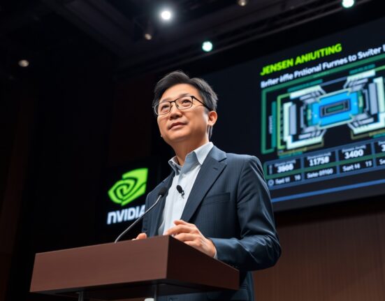 Nvidia CEO Jensen Huang presenting at a launch event with chip architecture on screen