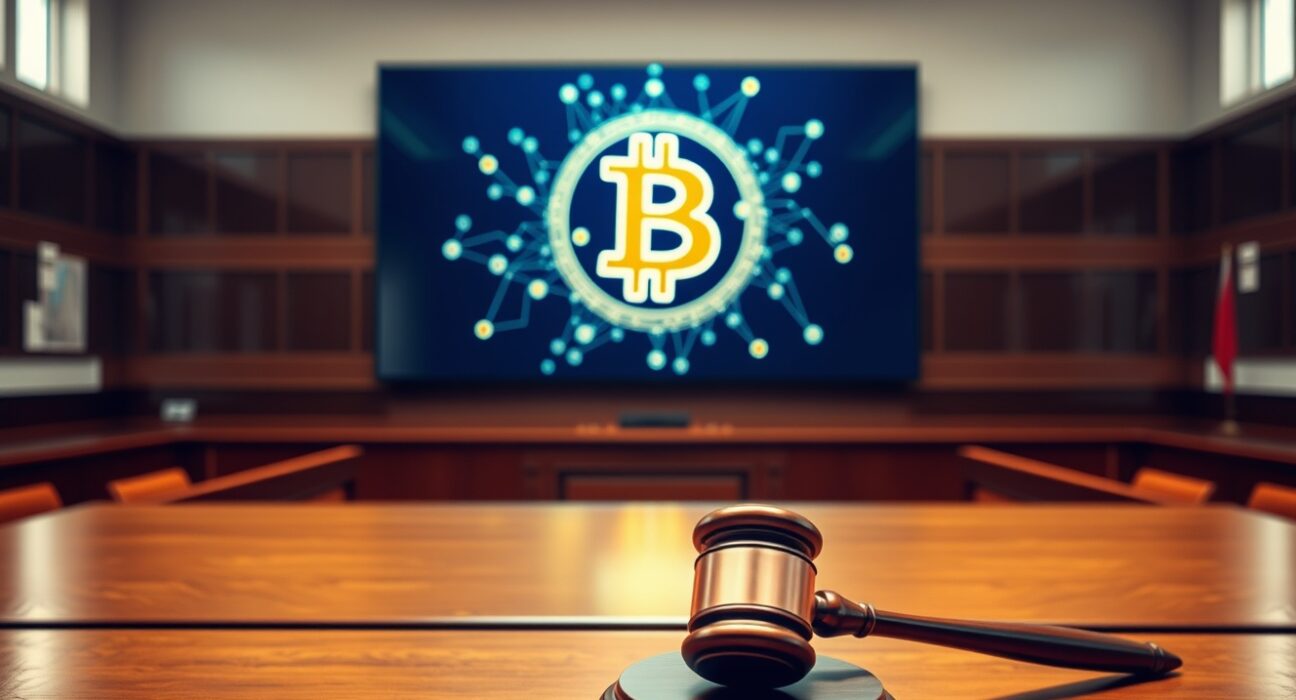 Courtroom with judge's gavel and digital screen showing Bitcoin symbol and blockchain network.