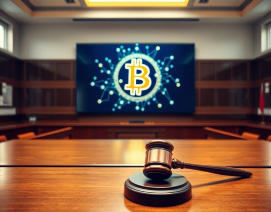 Courtroom with judge's gavel and digital screen showing Bitcoin symbol and blockchain network.