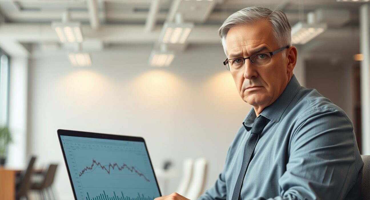 Professional worker looking at financial charts on laptop with concern
