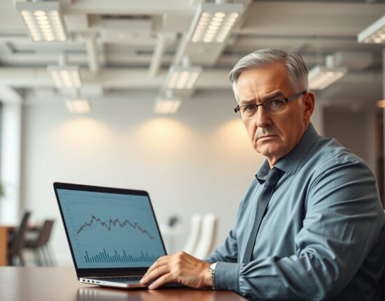 Professional worker looking at financial charts on laptop with concern