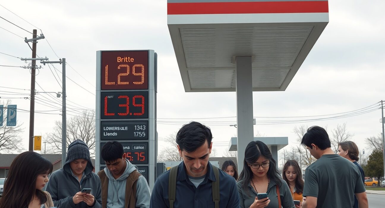 Consumers at a gas station with lower prices but worried expressions, representing rising inflation expectations.