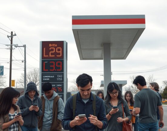 Consumers at a gas station with lower prices but worried expressions, representing rising inflation expectations.