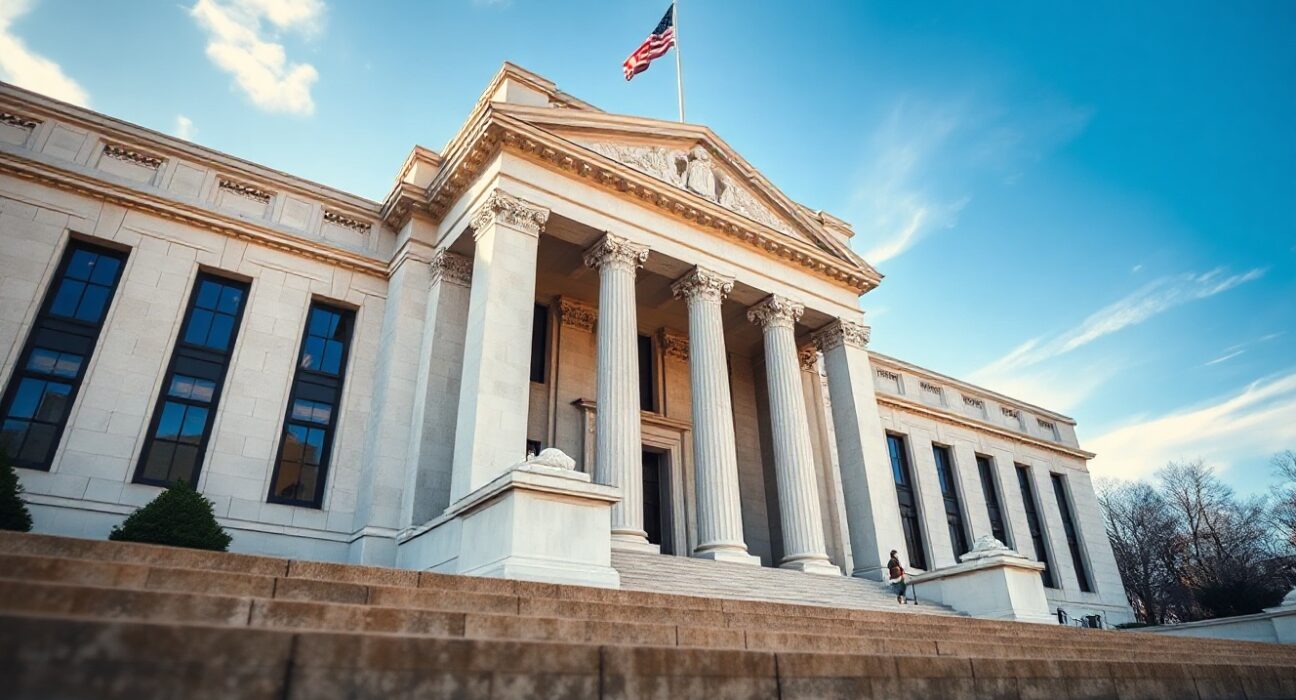 Federal Reserve building in Washington, D.C., on a clear day, representing the central bank's economic surveys.