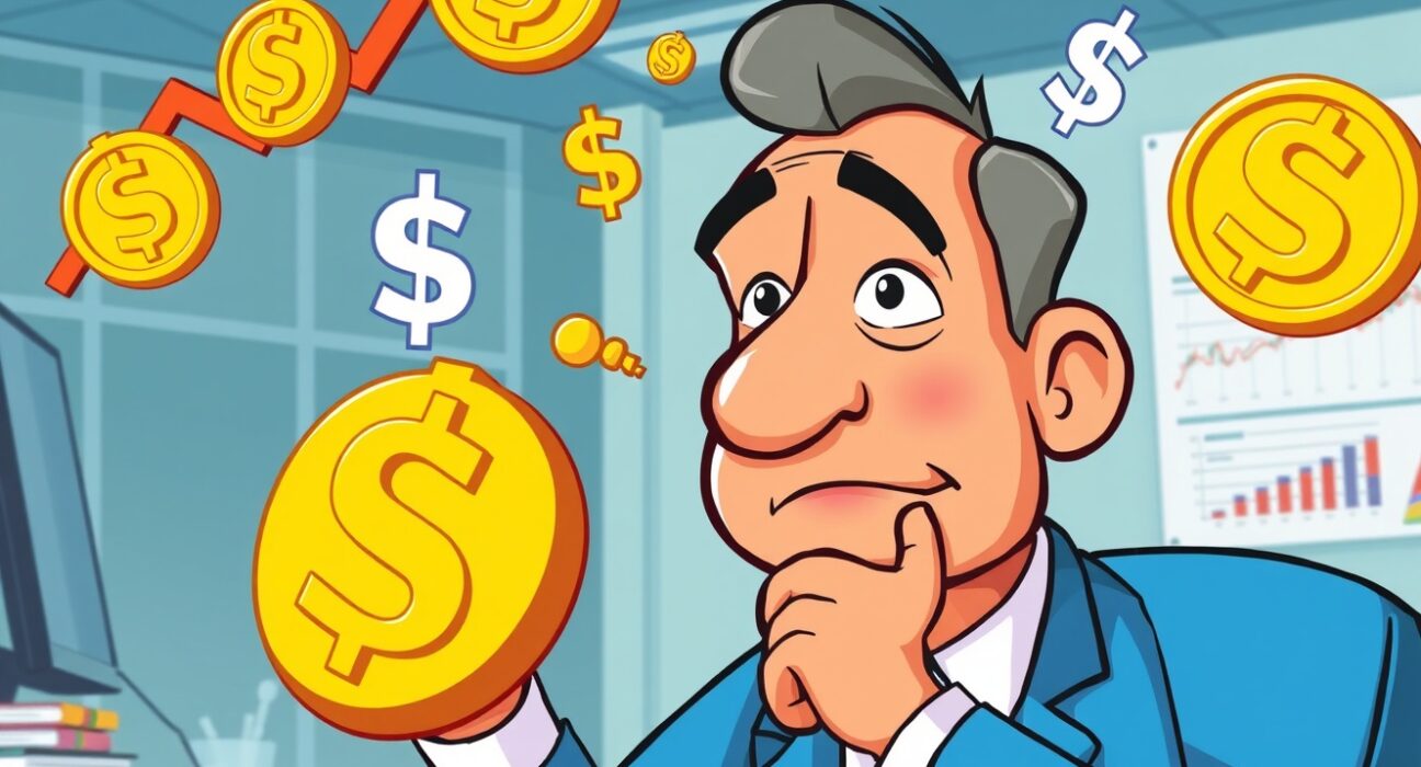 Central banker considering short-term rate cut decision with cryptocurrency symbols