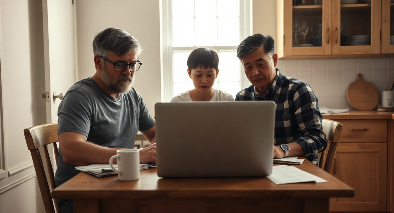 Family reviewing bills and price charts at a kitchen table, illustrating rising inflation expectations.