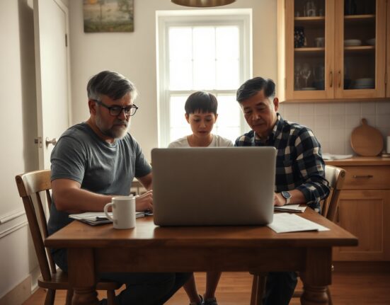 Family reviewing bills and price charts at a kitchen table, illustrating rising inflation expectations.