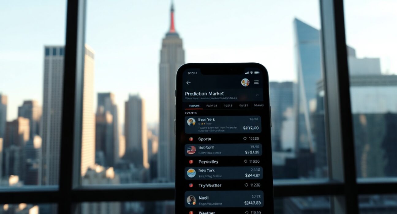 New York City skyline with a smartphone showing a prediction market interface, symbolizing regulatory scrutiny