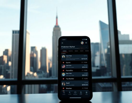 New York City skyline with a smartphone showing a prediction market interface, symbolizing regulatory scrutiny