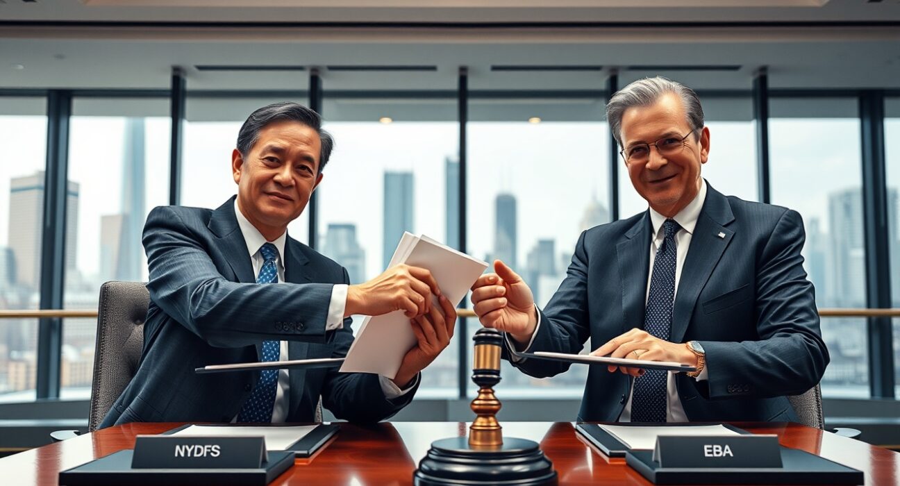 NYDFS and EBA officials signing a memorandum of understanding for stablecoin regulatory cooperation