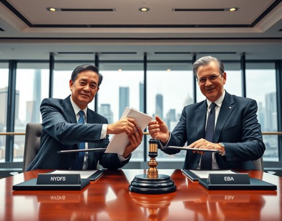 NYDFS and EBA officials signing a memorandum of understanding for stablecoin regulatory cooperation