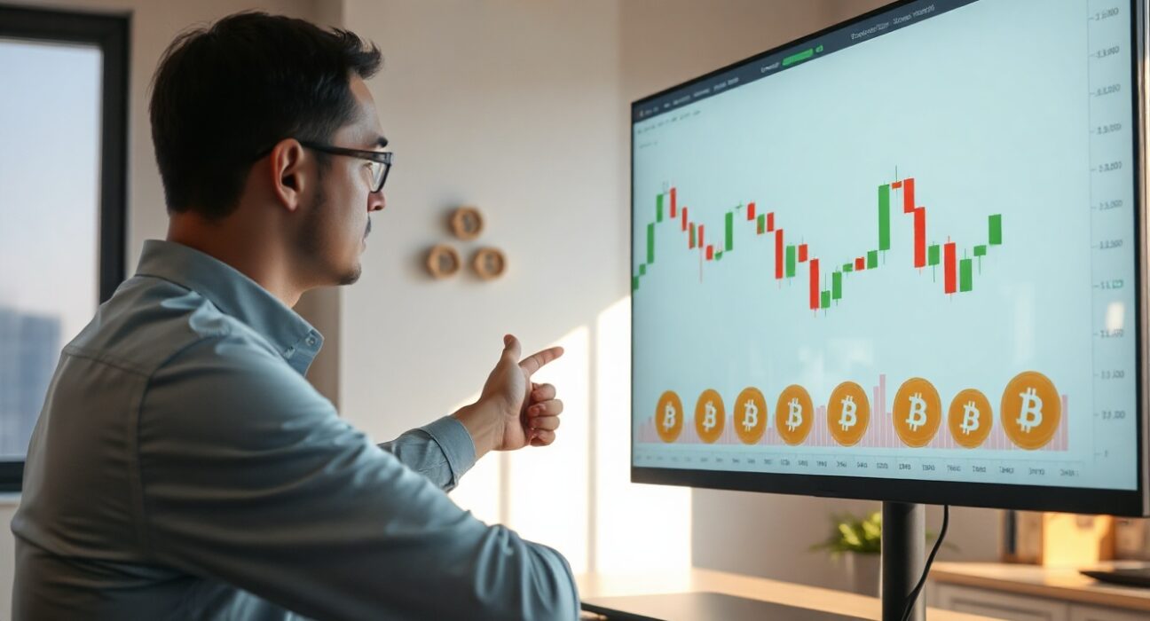 Financial analyst pointing at Bitcoin price chart showing downward trend in a modern office setting