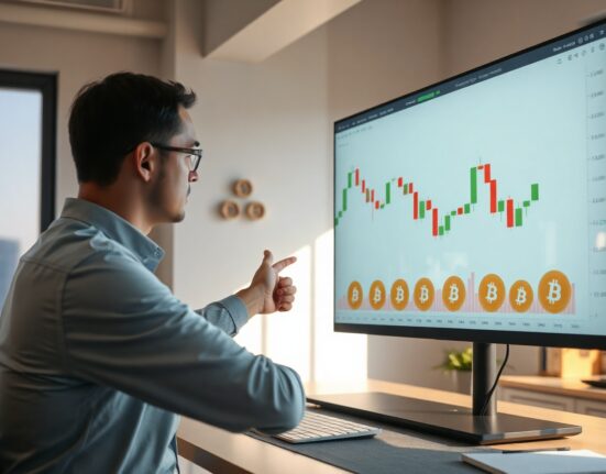 Financial analyst pointing at Bitcoin price chart showing downward trend in a modern office setting