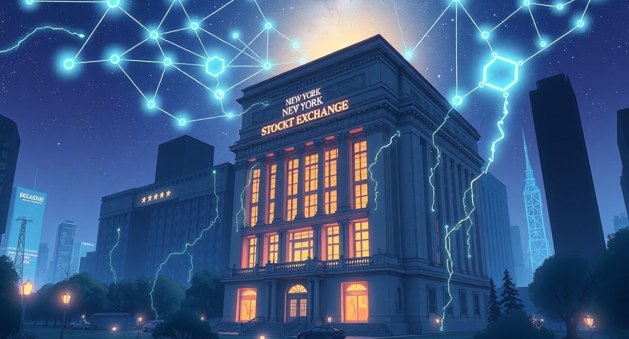 NYSE building integrated with a blockchain network for 24/7 on-chain tokenized trading