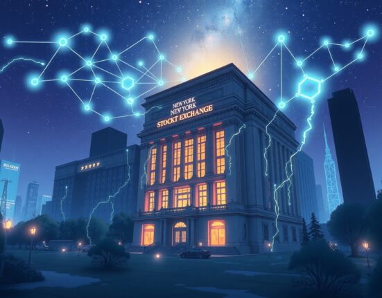 NYSE building integrated with a blockchain network for 24/7 on-chain tokenized trading