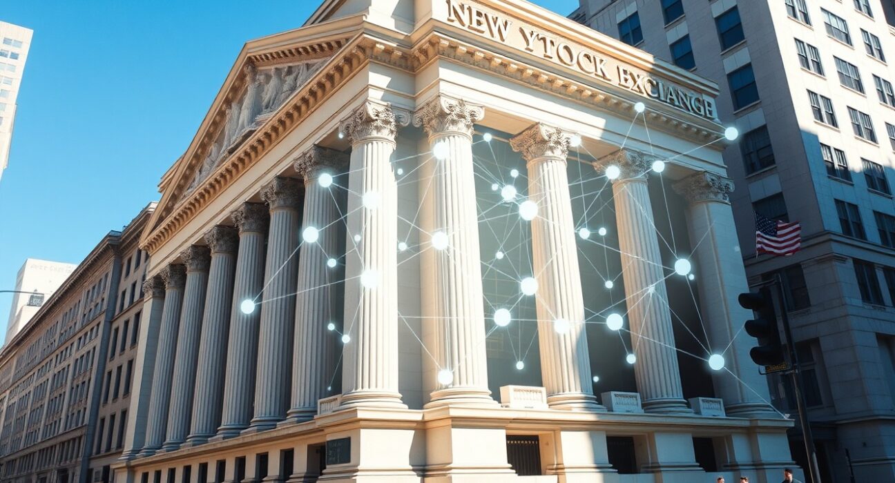 NYSE building with integrated blockchain network representing financial infrastructure evolution