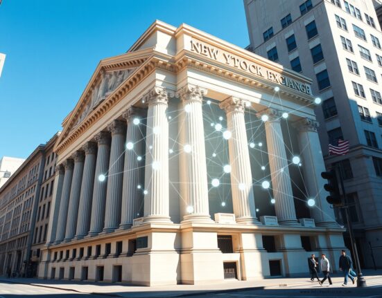 NYSE building with integrated blockchain network representing financial infrastructure evolution