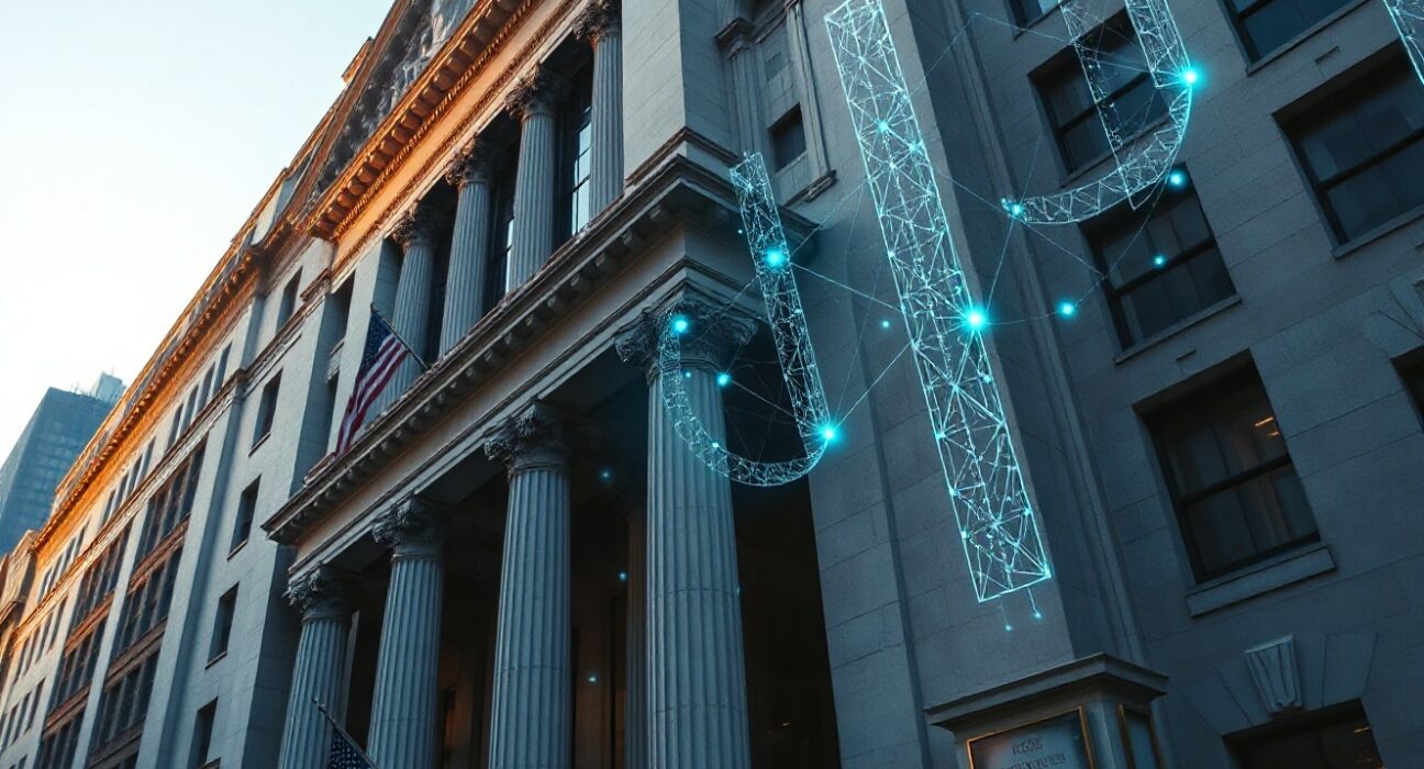 NYSE building with digital blockchain overlay representing on-chain settlement initiative
