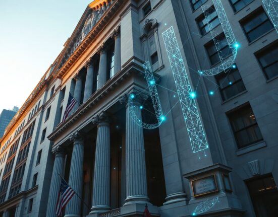 NYSE building with digital blockchain overlay representing on-chain settlement initiative
