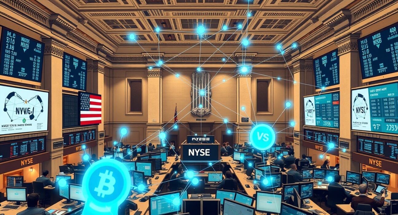 NYSE trading floor with blockchain technology overlay representing tokenized securities filing with SEC