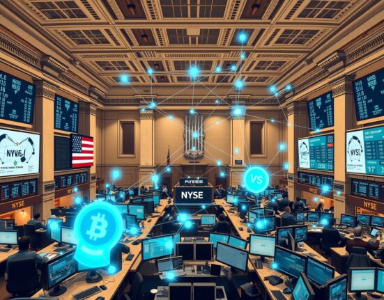 NYSE trading floor with blockchain technology overlay representing tokenized securities filing with SEC